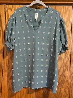 Women's Slate Blue Textured Puff-Sleeve Top